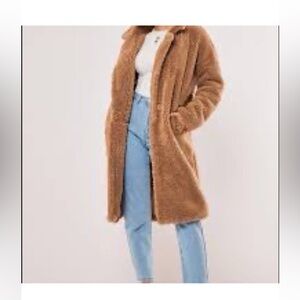 Missguided Borg Crombie Size 0 Tan Teddy longline coat NWT